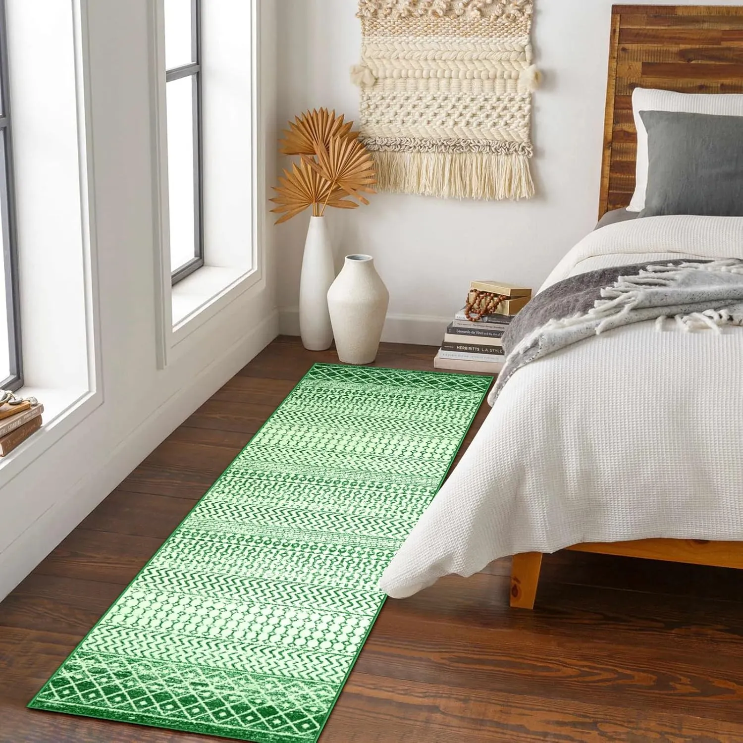 Moroccan Christmas Runner Rugs for Hallway, 2x8 Non Slip Farmhouse Green Area Rug, Washable Low Pile Christmas Front Door Mat Indoor Carpet for Kitchen Bedroom Laundry