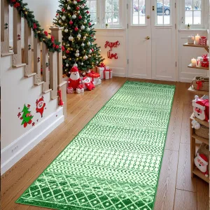 Moroccan Christmas Runner Rugs for Hallway, 2x8 Non Slip Farmhouse Green Area Rug, Washable Low Pile Christmas Front Door Mat Indoor Carpet for Kitchen Bedroom Laundry
