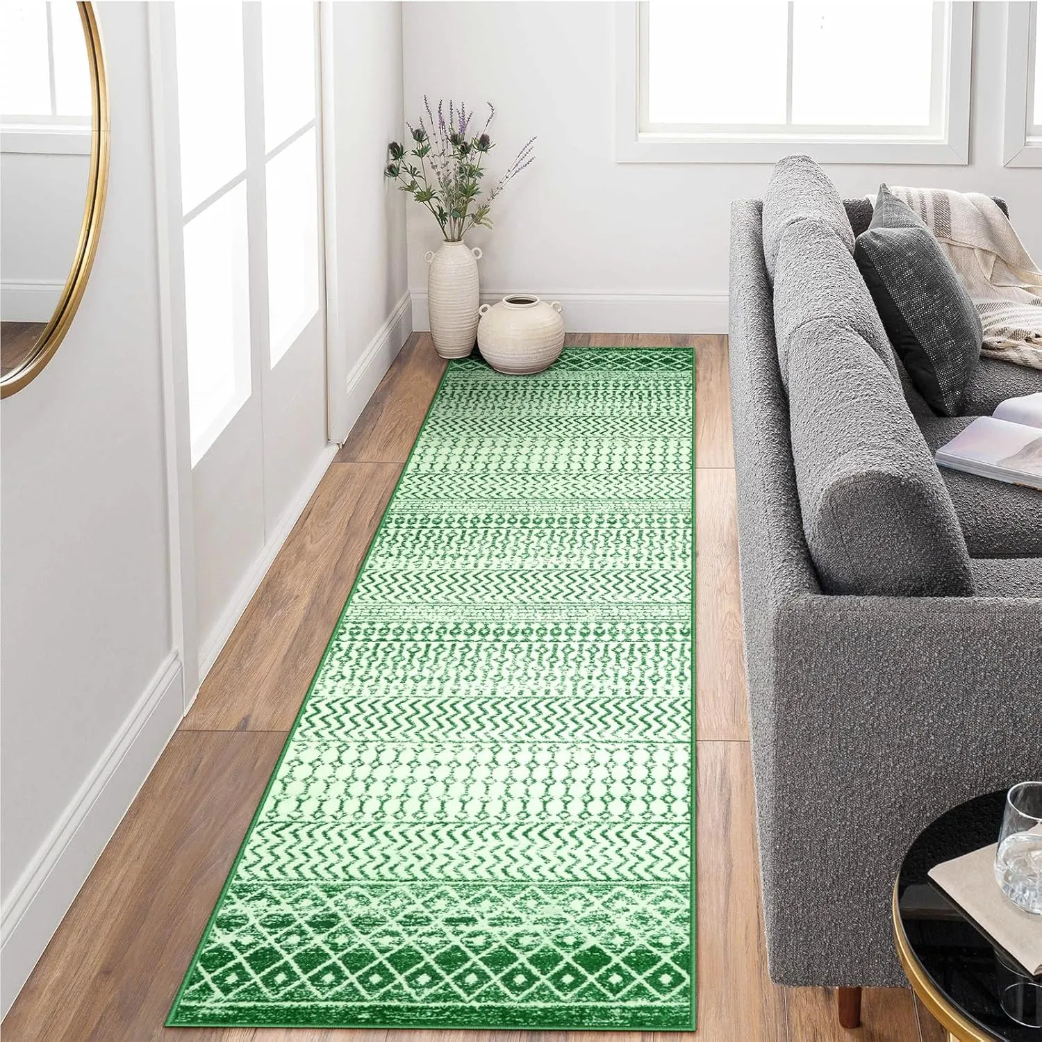 Moroccan Christmas Runner Rugs for Hallway, 2x8 Non Slip Farmhouse Green Area Rug, Washable Low Pile Christmas Front Door Mat Indoor Carpet for Kitchen Bedroom Laundry