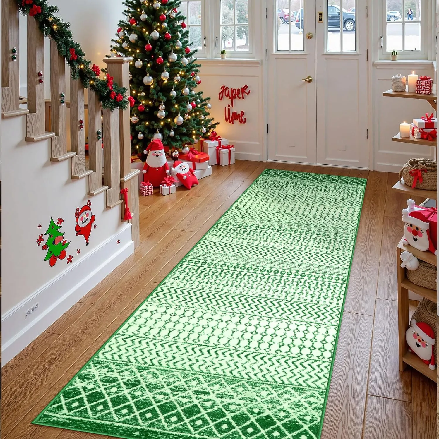 Moroccan Christmas Runner Rugs for Hallway, 2x8 Non Slip Farmhouse Green Area Rug, Washable Low Pile Christmas Front Door Mat Indoor Carpet for Kitchen Bedroom Laundry
