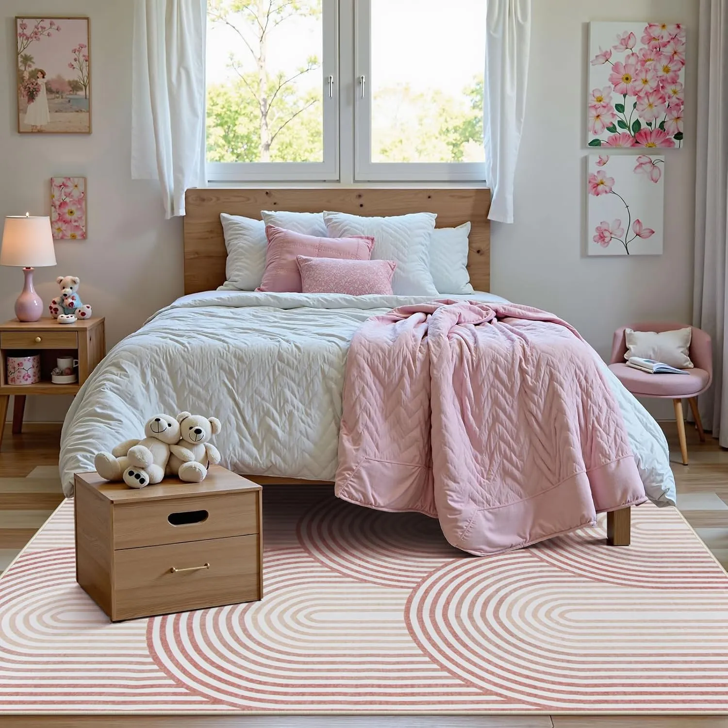 Moynesa Abstract Rainbow Area Rugs 5x7, Machine Washable Soft Pink Rugs for Bedroom Ultra-Thin Easy Clean Playroom Rug, Mid Century Modern Accent Throw Rug Carpet for Office Girl Nursery