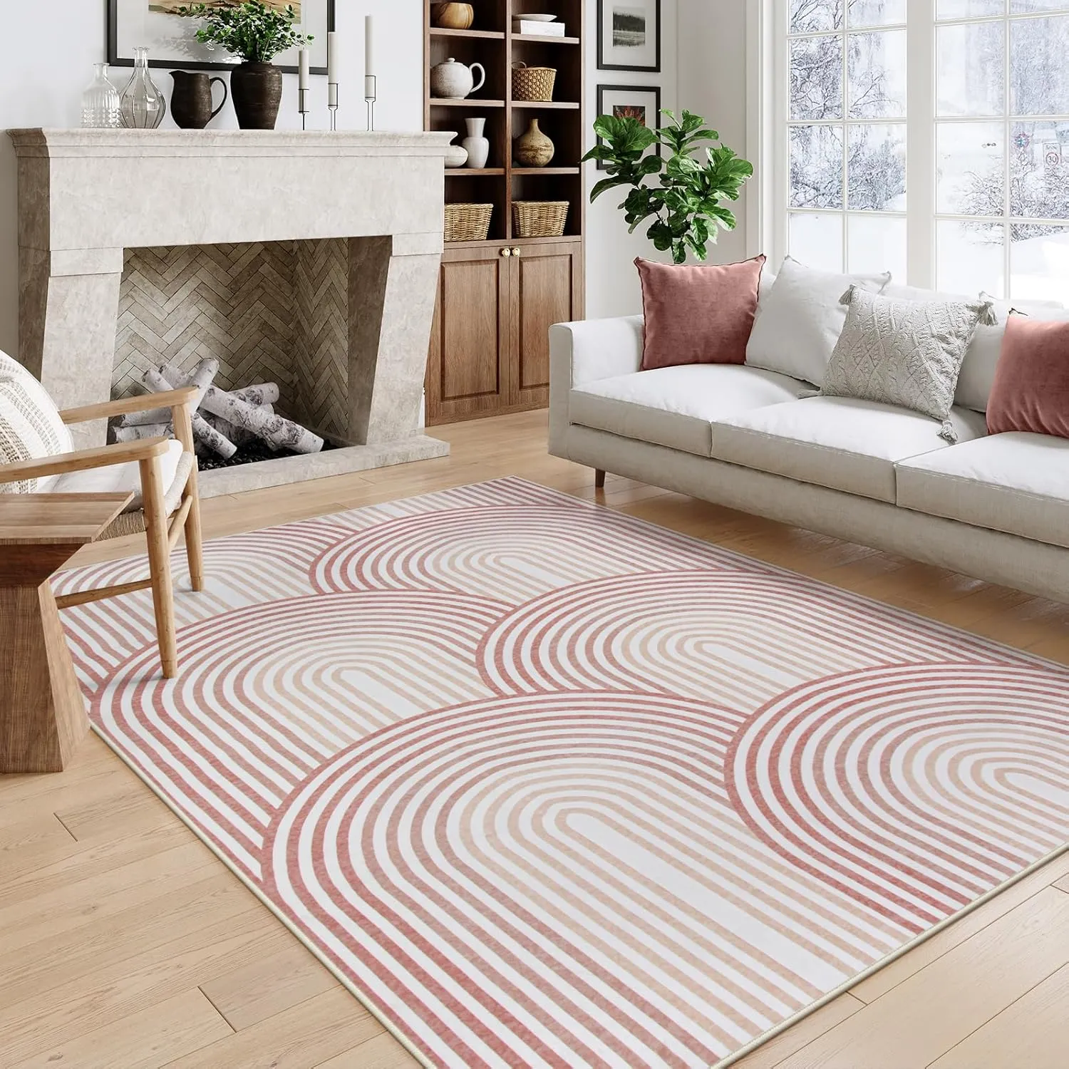 Moynesa Abstract Rainbow Area Rugs 5x7, Machine Washable Soft Pink Rugs for Bedroom Ultra-Thin Easy Clean Playroom Rug, Mid Century Modern Accent Throw Rug Carpet for Office Girl Nursery