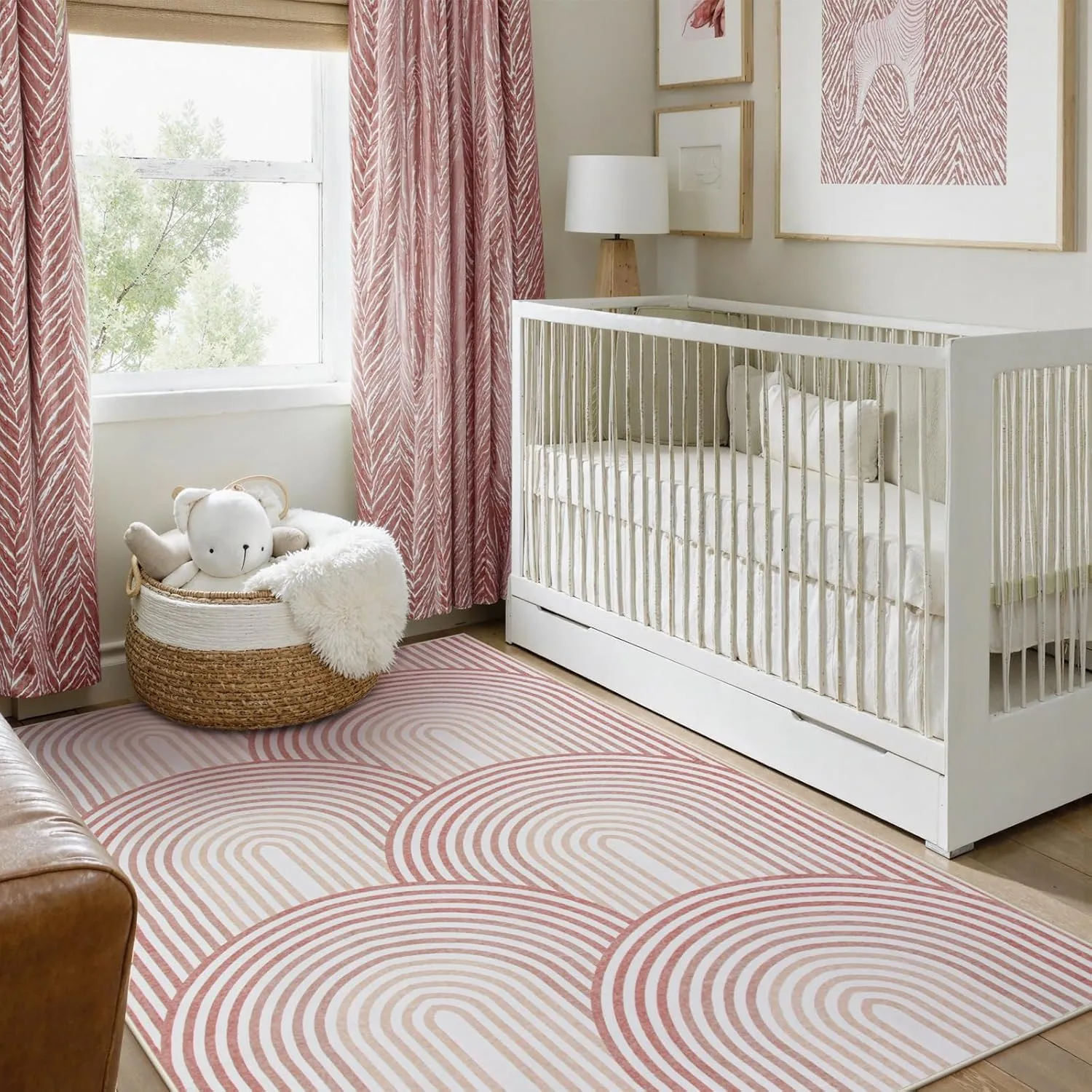 Moynesa Abstract Rainbow Area Rugs 5x7, Machine Washable Soft Pink Rugs for Bedroom Ultra-Thin Easy Clean Playroom Rug, Mid Century Modern Accent Throw Rug Carpet for Office Girl Nursery