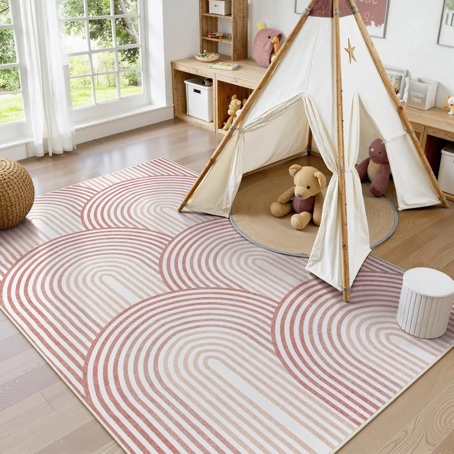 Moynesa Abstract Rainbow Area Rugs 5x7, Machine Washable Soft Pink Rugs for Bedroom Ultra-Thin Easy Clean Playroom Rug, Mid Century Modern Accent Throw Rug Carpet for Office Girl Nursery