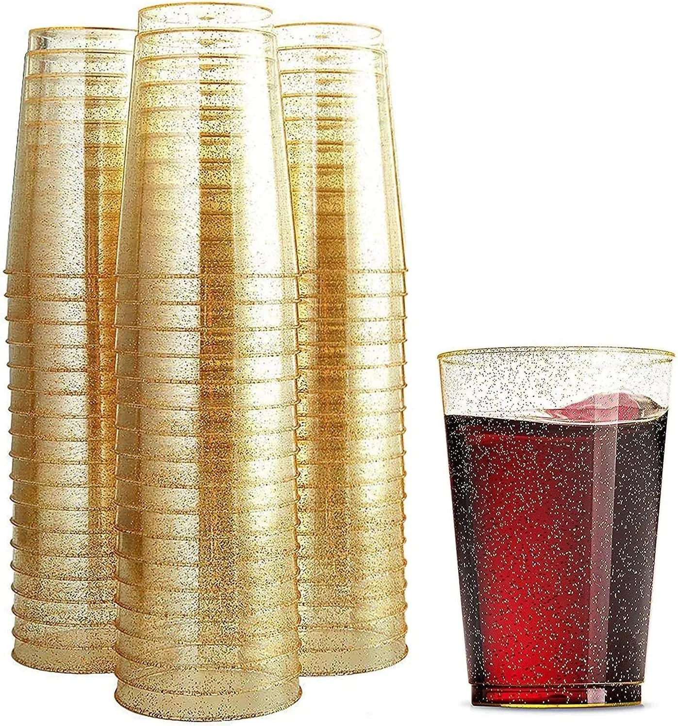 Munfix 100 Glitter 12 Oz Clear Plastic Cups Tumblers Gold Glitter Disposable Wedding Elegant Party Cups Recyclable and BPA-Free