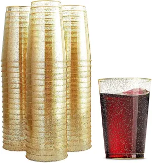 Munfix 100 Glitter 12 Oz Clear Plastic Cups Tumblers Gold Glitter Disposable Wedding Elegant Party Cups Recyclable and BPA-Free