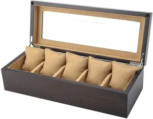 MUSUMI Watch Display Storage Box Jewelry Collection Case Organiser Holder Wood for 5 Watches Large Compartments Transparent Window Soft Cushions (A)