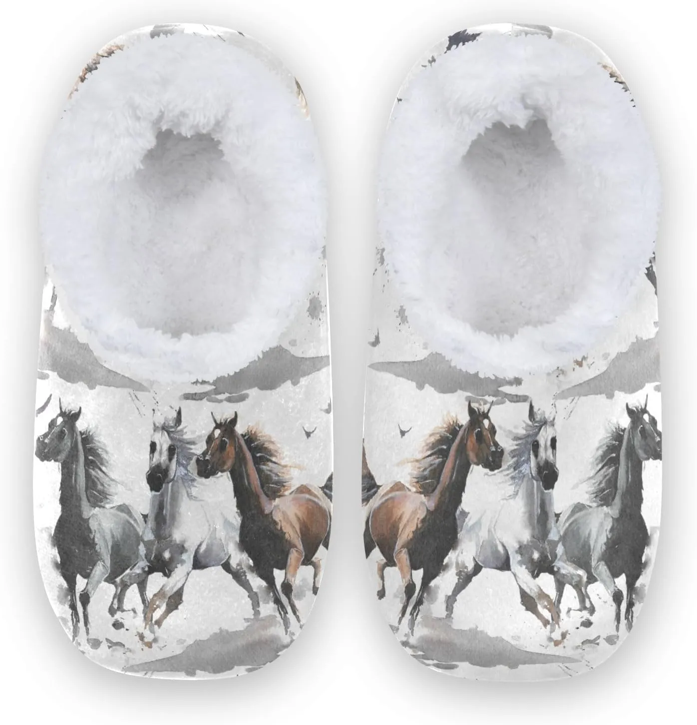 Naanle Women's Slippers Fuzzy Fur Slippers Watercolor Horse Slippers Comfy Fleece Bedroom Shoes Home Slippers