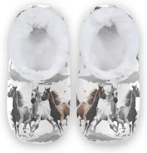 Naanle Women's Slippers Fuzzy Fur Slippers Watercolor Horse Slippers Comfy Fleece Bedroom Shoes Home Slippers