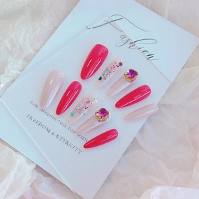 Nails Handmade Press On Nails Long Oval | Reusable False Nails with Shining Rhinestones and Unique Designs, 10 Pcs (Rosy Elegance, M)