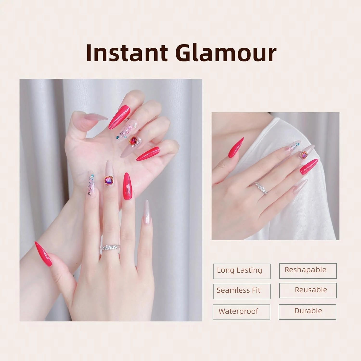 Nails Handmade Press On Nails Long Oval | Reusable False Nails with Shining Rhinestones and Unique Designs, 10 Pcs (Rosy Elegance, M)