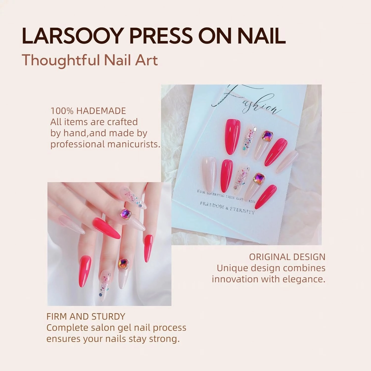 Nails Handmade Press On Nails Long Oval | Reusable False Nails with Shining Rhinestones and Unique Designs, 10 Pcs (Rosy Elegance, M)