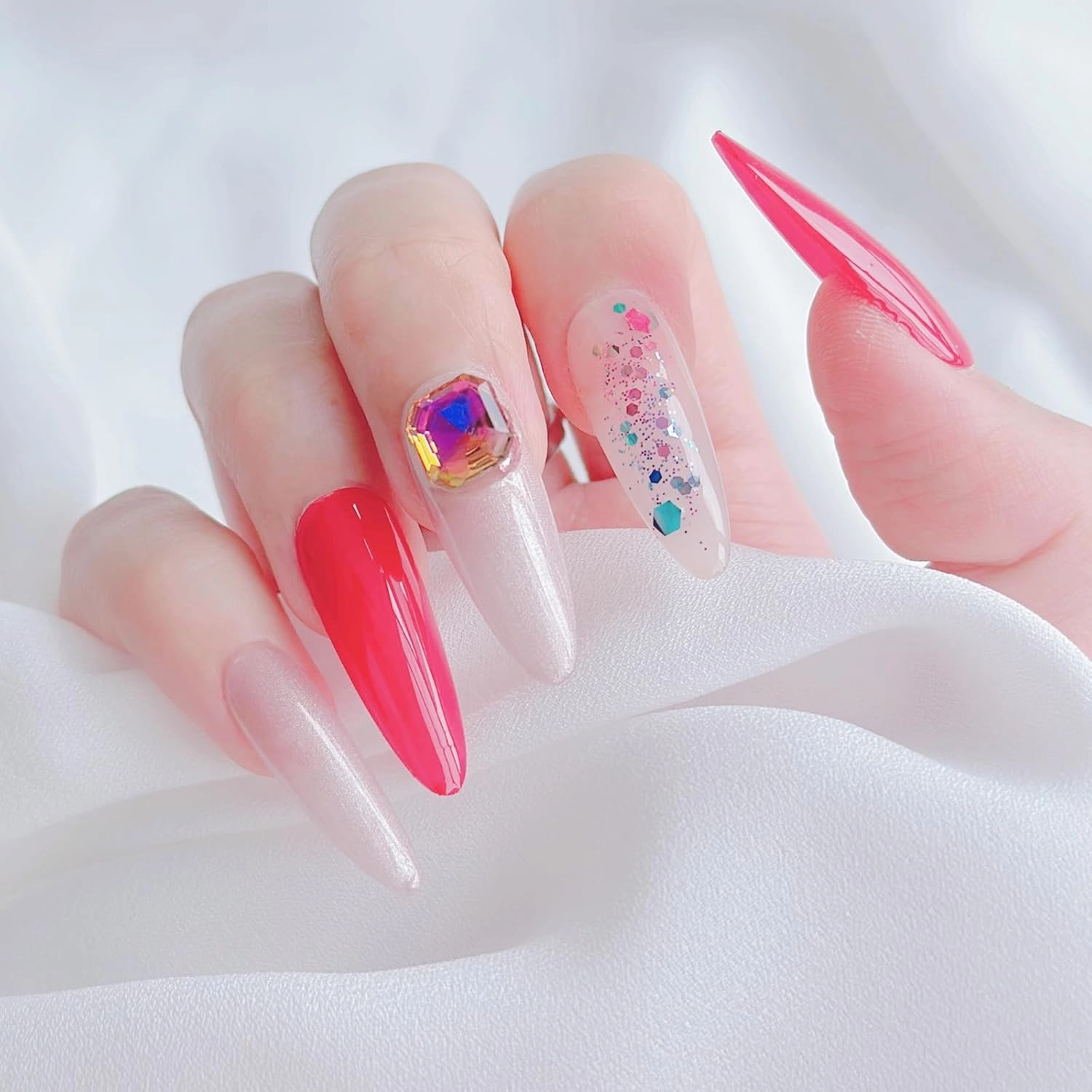 Nails Handmade Press On Nails Long Oval | Reusable False Nails with Shining Rhinestones and Unique Designs, 10 Pcs (Rosy Elegance, M)