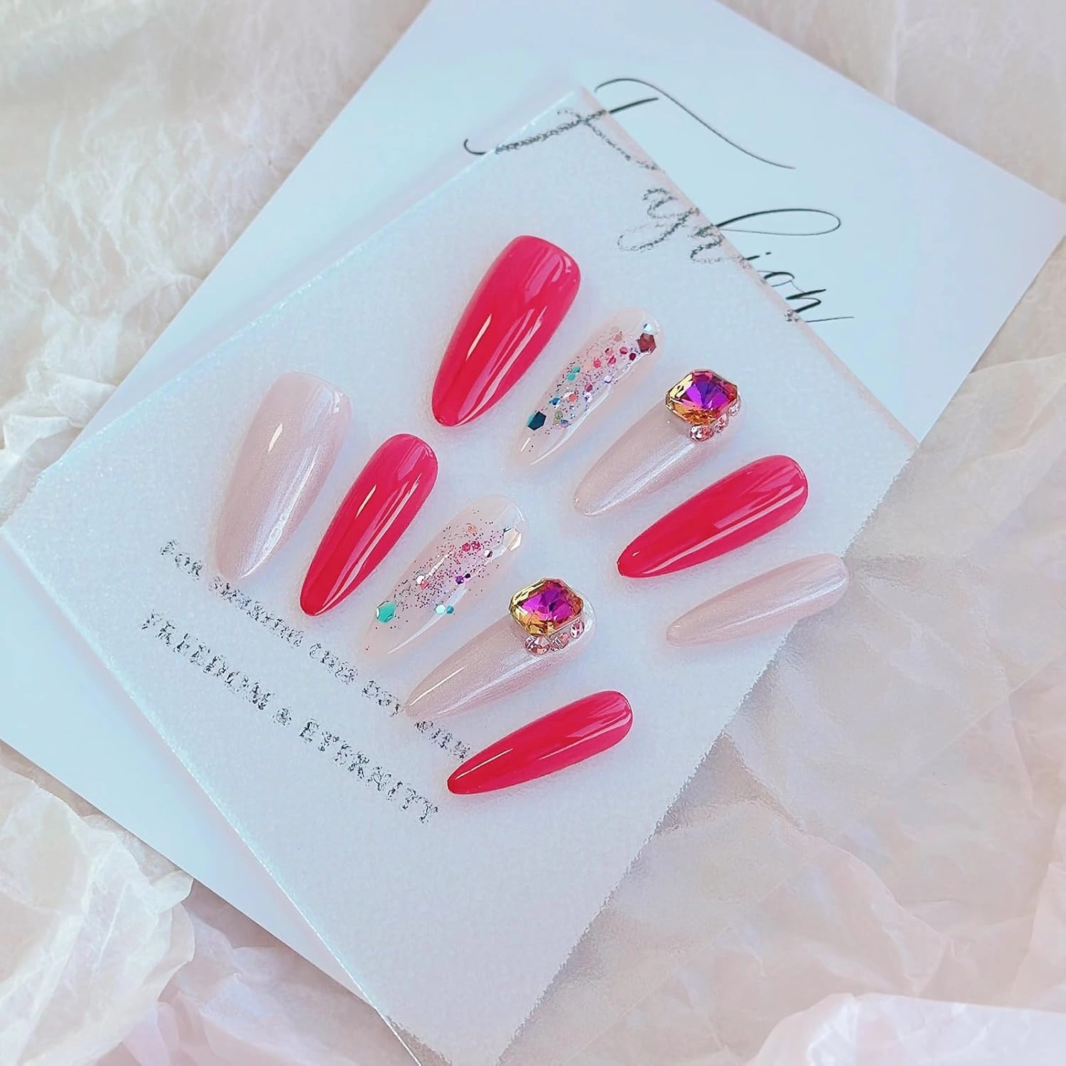 Nails Handmade Press On Nails Long Oval | Reusable False Nails with Shining Rhinestones and Unique Designs, 10 Pcs (Rosy Elegance, M)