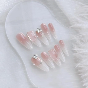 Nails Handmade Press on Nails Long Oval | Salon-Quality Handmade Nails with Rhinestones Design | Pink fake Nails For Women And Girls | False Nails 10 Pcs (Stardust tear(drops), S)