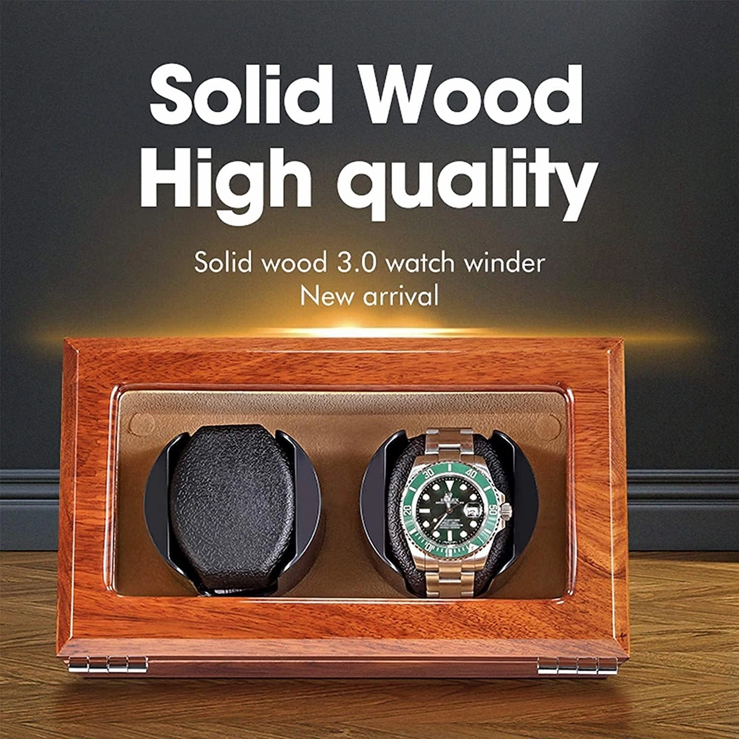 Natural Solid Wood Double Watch Winder Box for 2 Automatic Watches Flexible Watch Pillow 5 Rotation Mode Fashion/Beige，Beige