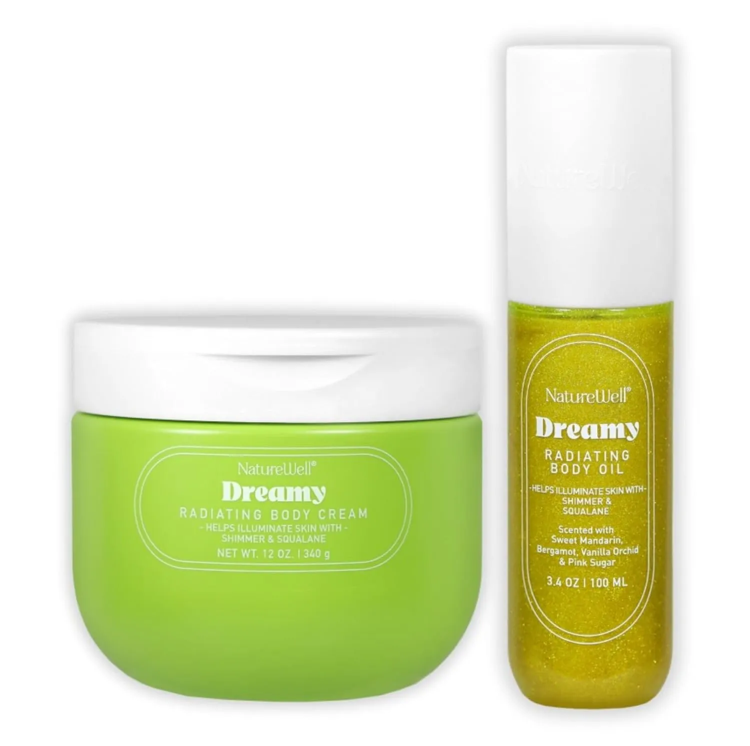 NATURE WELL Dreamy Radiating Body Oil & Body Cream Bundle, Shimmering, Fast-Absorbing, Designed to Nourish & Soften Skin, Scented with Sweet Mandarin, Bergamot, Vanilla Orchid & Pink Sugar