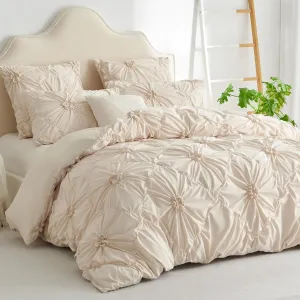 Nayoroom Beige Boho Duvet Cover Queen Size Coquette Aesthetic Floral Pinch Pleated Textured Comforter Cover 3 Pcs Soft Washed Microfiber Shabby Chic Cottagecore Bedding Set with Zipper Closure