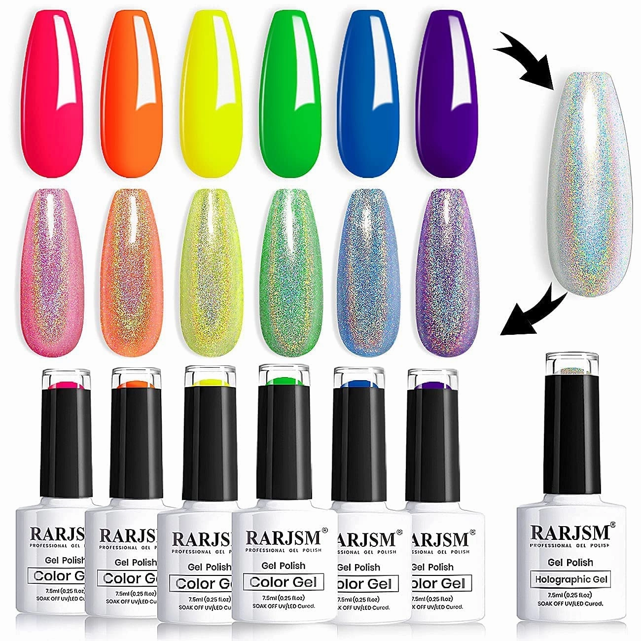 Neon Gel Nail Polish Set 7PCS Holographic Nail Polish Set Silver Glitter Nail Polish Irridescent Colors Neon Green Yellow Orange Hot Pink Red Gel Polish for Nail Art Curing Required