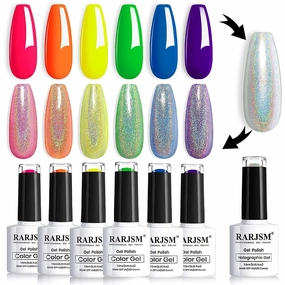 Neon Gel Nail Polish Set 7PCS Holographic Nail Polish Set Silver Glitter Nail Polish Irridescent Colors Neon Green Yellow Orange Hot Pink Red Gel Polish for Nail Art Curing Required