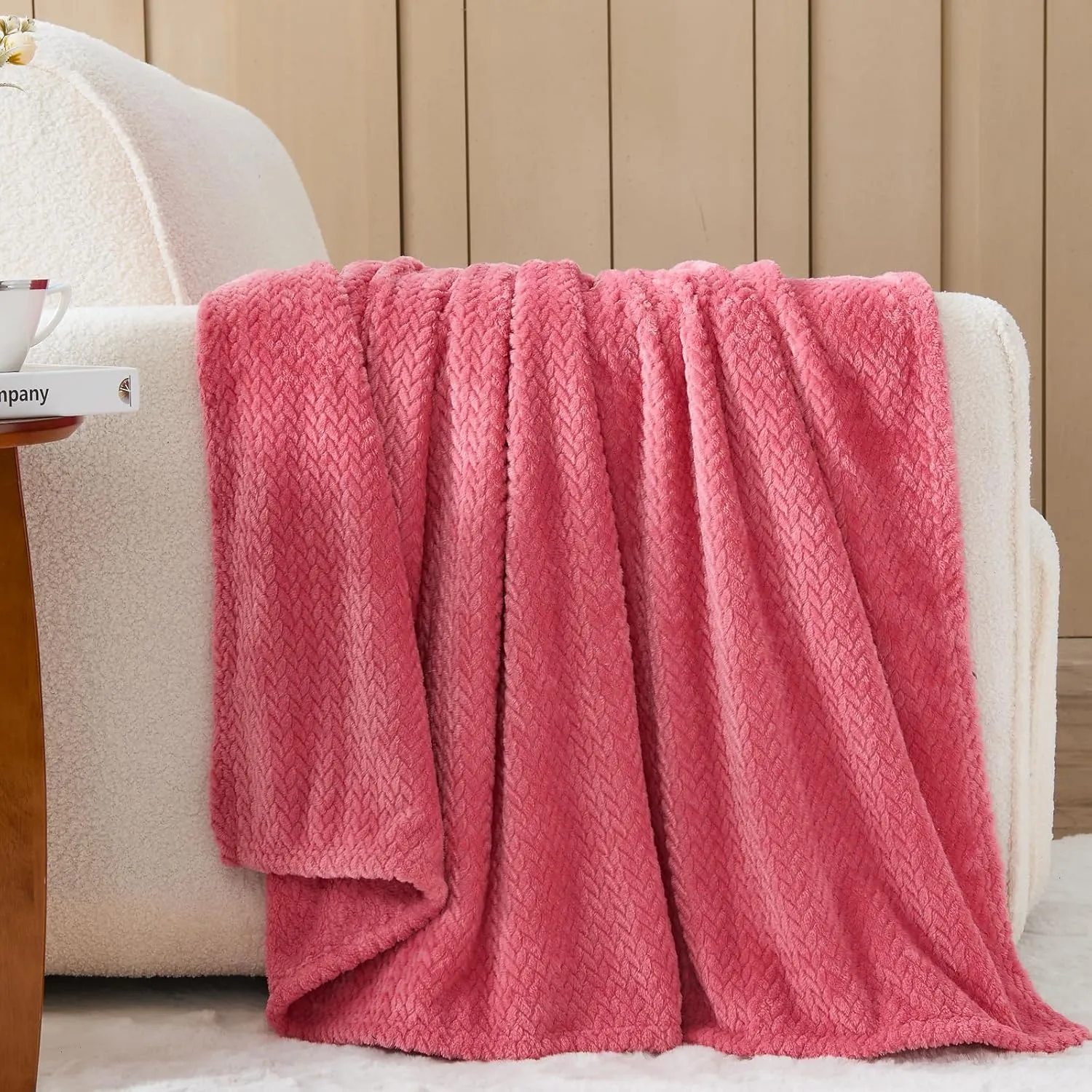 NEWCOSPLAY Super Soft Throw Blanket Coral Pink Premium Silky Flannel Fleece Leaves Pattern Lightweight Bed Blanket All Season Use (Coral Pink, Throw(50"x60"))