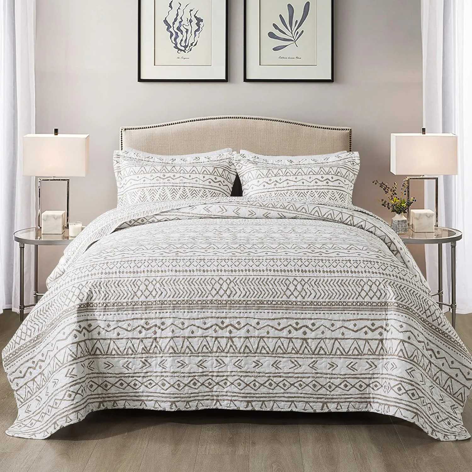 NEWLAKE Quilt Bedspread Sets-Reversible Soft Beige Striped Vintage Pattern Coverlet Set, Queen Size