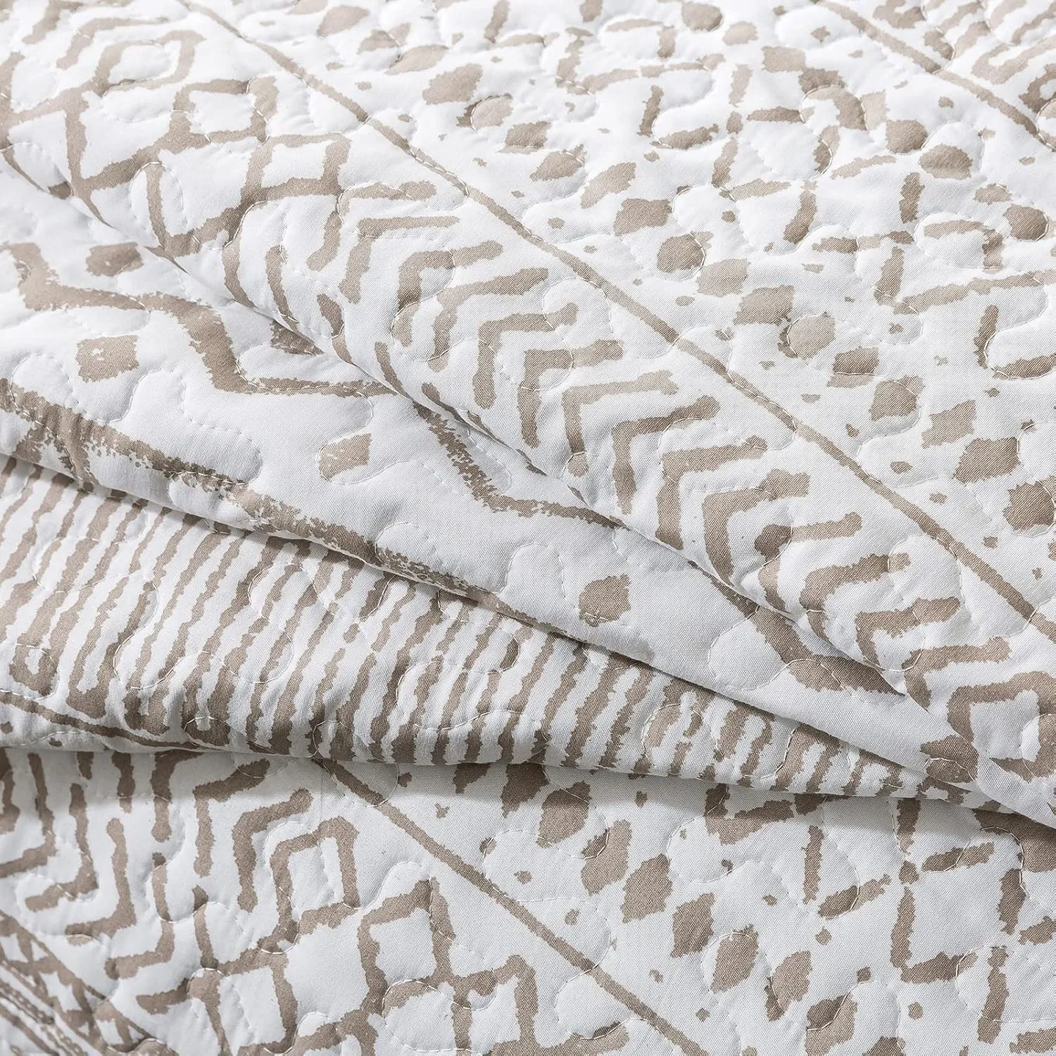 NEWLAKE Quilt Bedspread Sets-Reversible Soft Beige Striped Vintage Pattern Coverlet Set, Queen Size