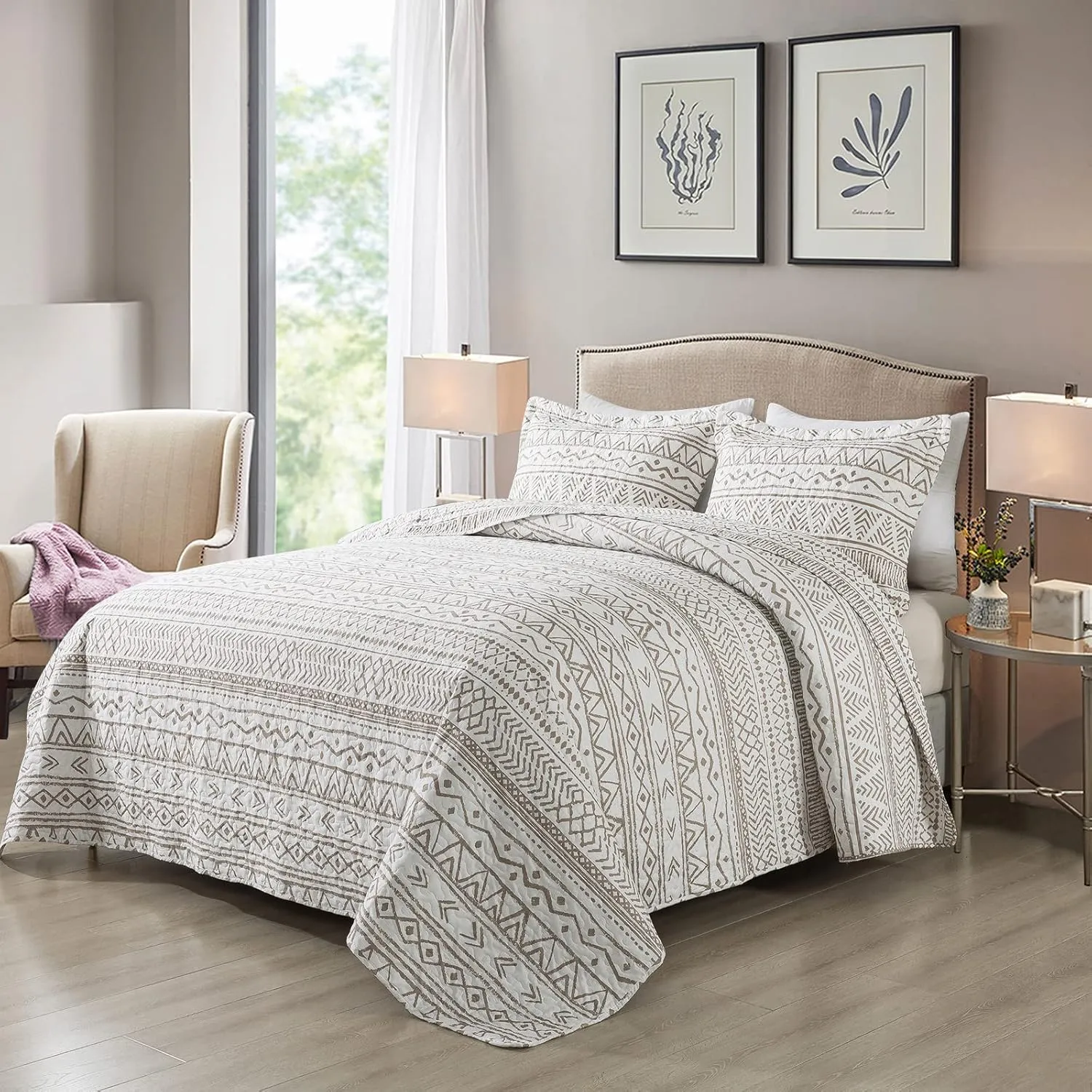 NEWLAKE Quilt Bedspread Sets-Reversible Soft Beige Striped Vintage Pattern Coverlet Set, Queen Size