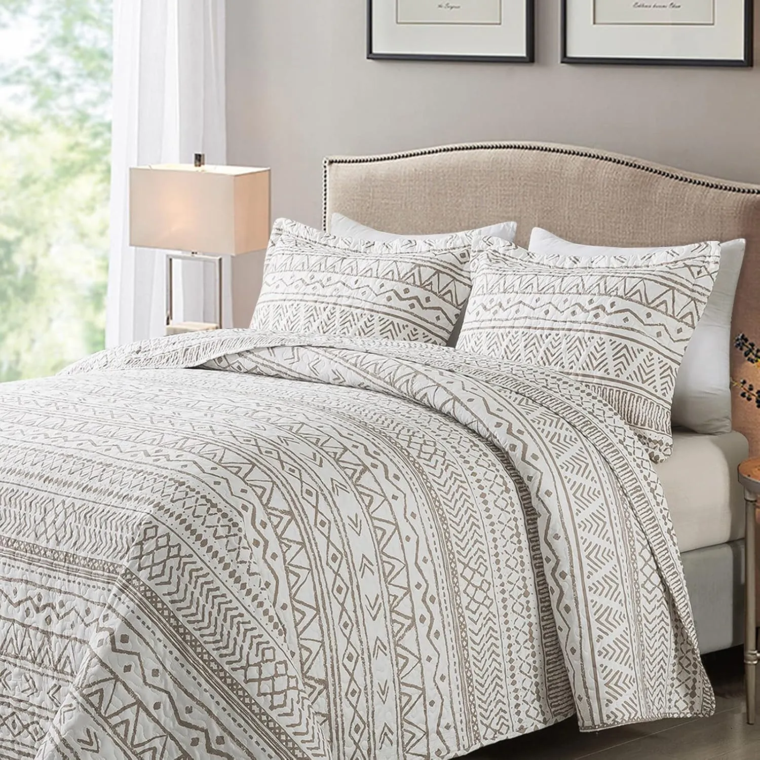 NEWLAKE Quilt Bedspread Sets-Reversible Soft Beige Striped Vintage Pattern Coverlet Set, Queen Size