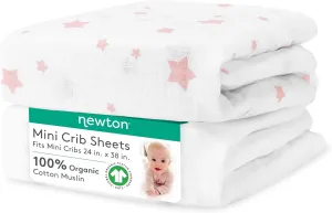 Newton Baby Mini Crib Fitted Sheets (2-Pack) | Organic Muslin Cotton, Breathable & Soft Baby Sheets, Machine Washable Baby Mattress Sheets, Fits Any Mini Sized Crib 24" x 38", Stardust Coral   White