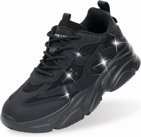 Niluber Women's Chunky Platform Sneakers-Slip On Breathable Running Shoes-Lightweight Glitter Rhinestone White Black Walking Shoes
