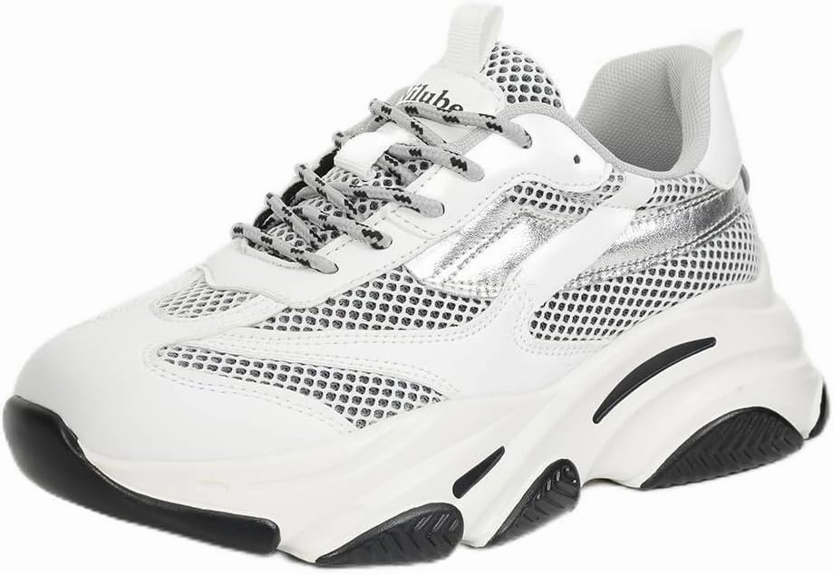 Niluber Women's Chunky Platform Sneakers-Slip On Breathable Running Shoes-Lightweight Glitter Rhinestone White Black Walking Shoes
