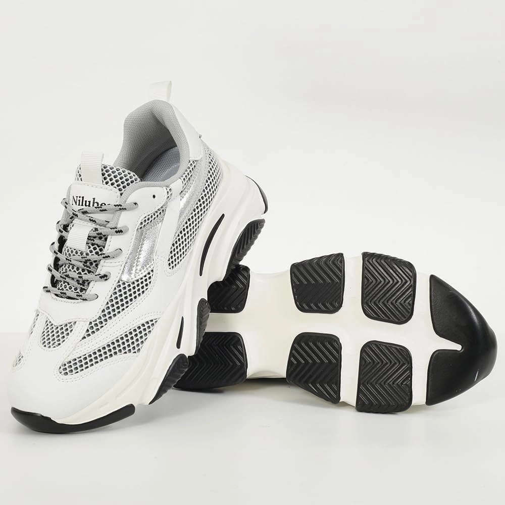 Niluber Women's Chunky Platform Sneakers-Slip On Breathable Running Shoes-Lightweight Glitter Rhinestone White Black Walking Shoes