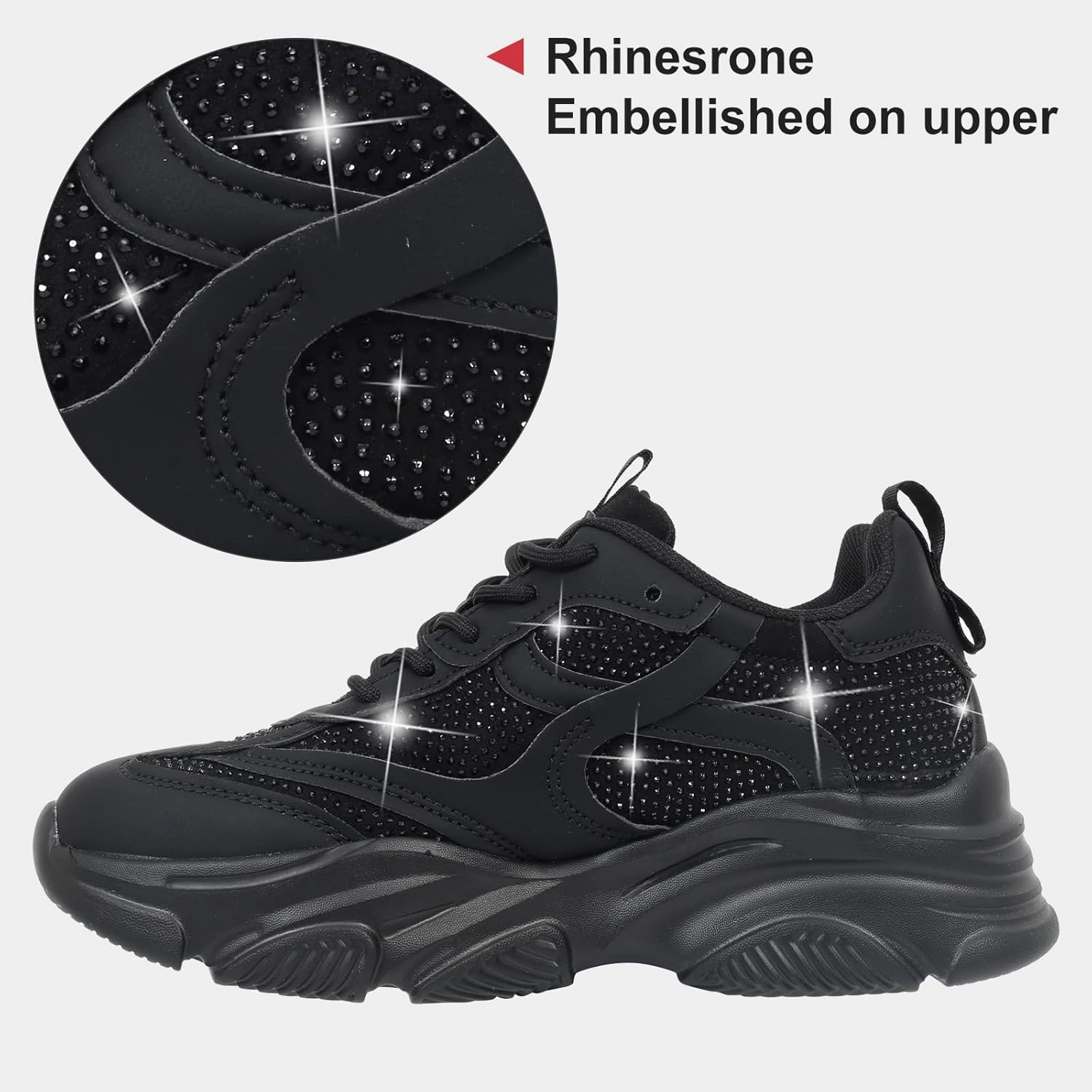 Niluber Women's Chunky Platform Sneakers-Slip On Breathable Running Shoes-Lightweight Glitter Rhinestone White Black Walking Shoes