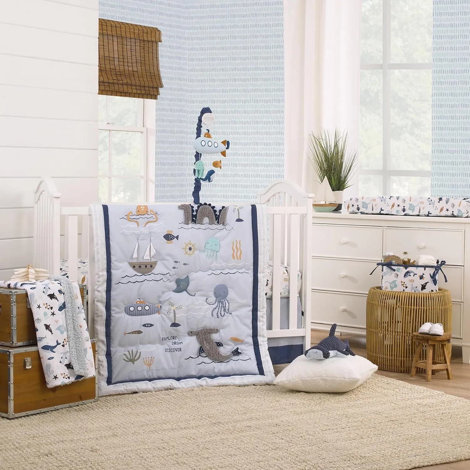 NoJo Explore Dream Discover Light Blue, Navy, and Aqua Submarine Plush Musical Mobile