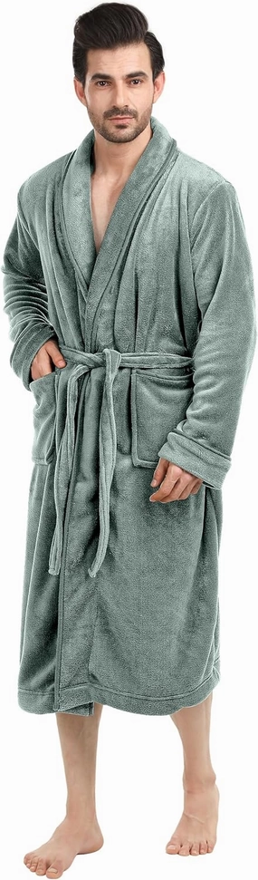 NY Threads Luxurious Mens Shawl Collar Fleece Bathrobe Long Spa Robe