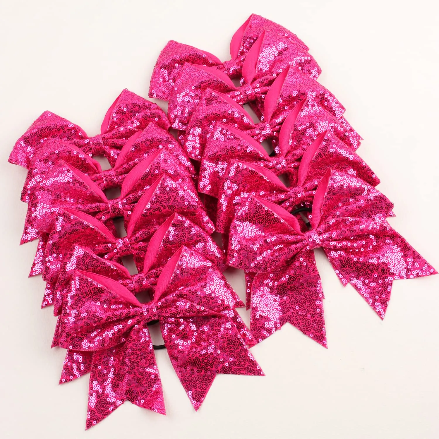 Oaoleer 12PCS 7" Large Glitter Cheer Hair Bows Ponytail Holder Elastic Band Handmade for Cheerleading Teen Girls College Sports (Sequin Hot Pink 12PCS)