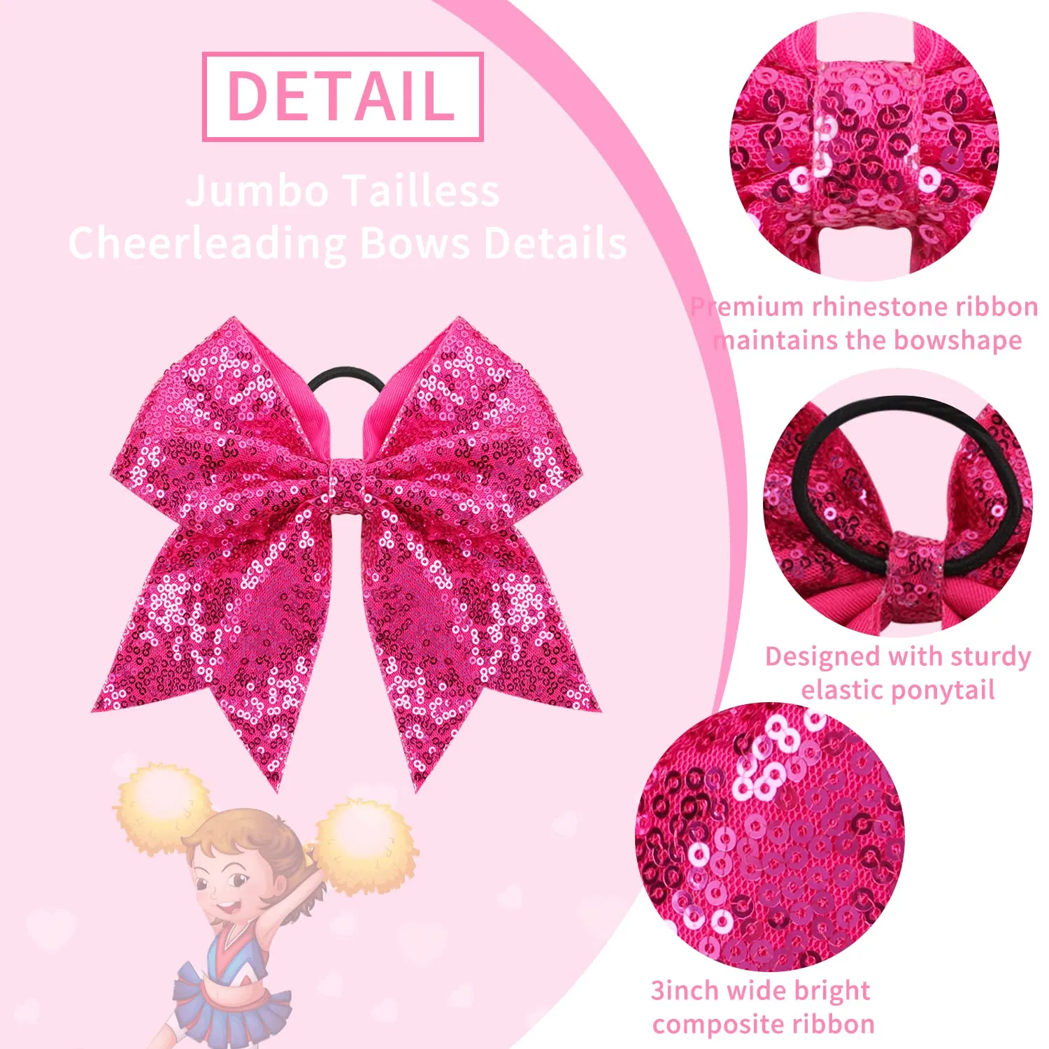 Oaoleer 12PCS 7" Large Glitter Cheer Hair Bows Ponytail Holder Elastic Band Handmade for Cheerleading Teen Girls College Sports (Sequin Hot Pink 12PCS)