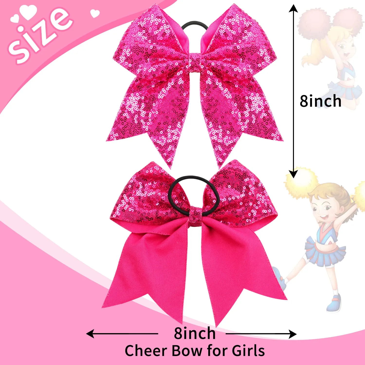 Oaoleer 12PCS 7" Large Glitter Cheer Hair Bows Ponytail Holder Elastic Band Handmade for Cheerleading Teen Girls College Sports (Sequin Hot Pink 12PCS)
