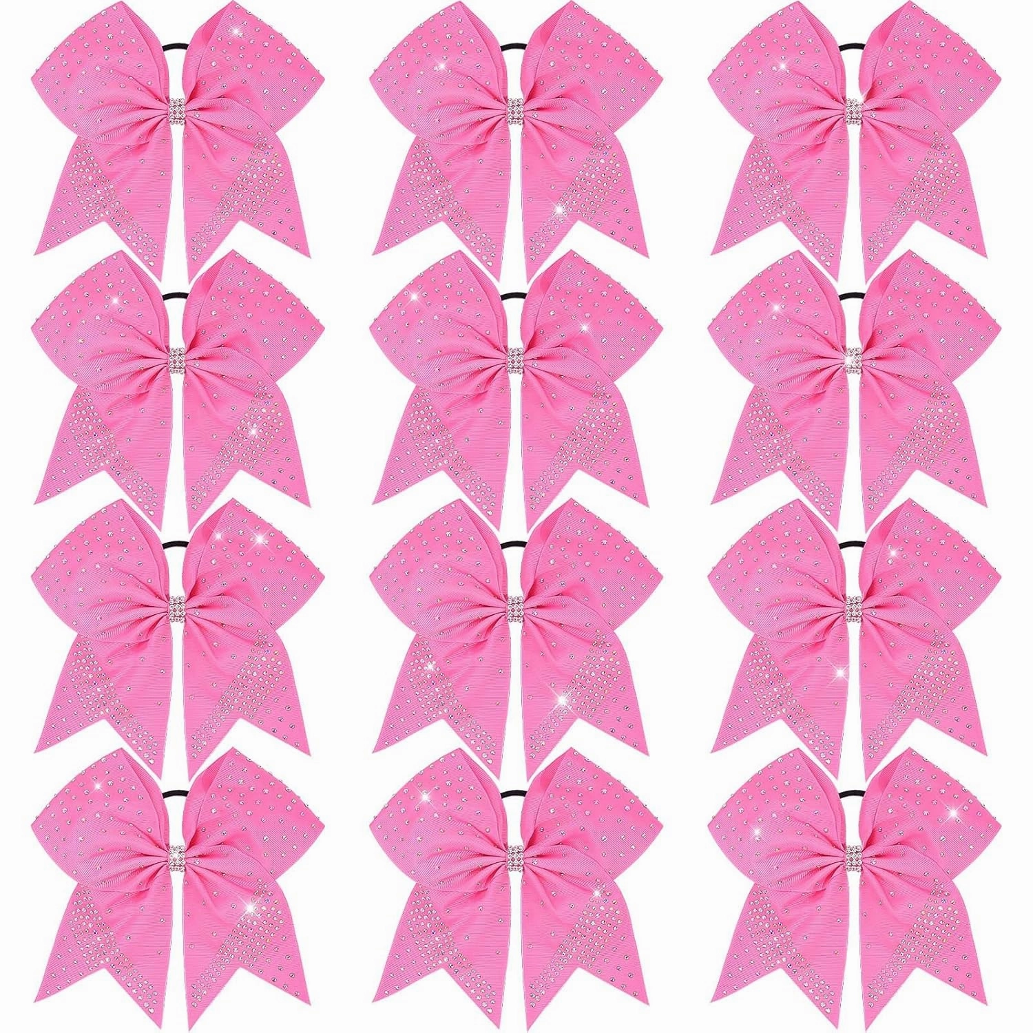 Oaoleer 12PCS Glitter Cheer Hair Bows for Cheerleading, 7inch Large Jumbo Cheer Bow with Ponytail Holder for Teen Girls Softball Cheerleader (Pink)