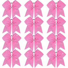 Oaoleer 12PCS Glitter Cheer Hair Bows for Cheerleading, 7inch Large Jumbo Cheer Bow with Ponytail Holder for Teen Girls Softball Cheerleader (Pink)
