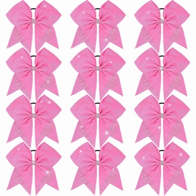 Oaoleer 12PCS Glitter Cheer Hair Bows for Cheerleading, 7inch Large Jumbo Cheer Bow with Ponytail Holder for Teen Girls Softball Cheerleader (Pink)
