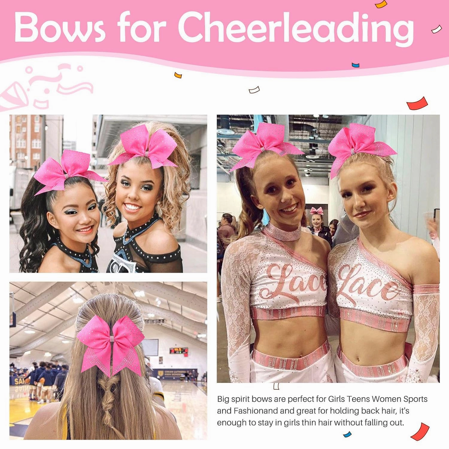 Oaoleer 12PCS Glitter Cheer Hair Bows for Cheerleading, 7inch Large Jumbo Cheer Bow with Ponytail Holder for Teen Girls Softball Cheerleader (Pink)