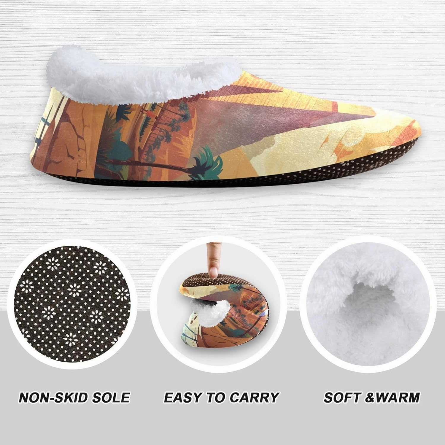 Oasis Egypt Palms Fuzzy Memory Foam Closed Back Slippers for Women Men Knit Fleece Lined House Shoes with Anti-Skid Sole Bedroom Shoes for Outdoor Indoor Bedroom Hotel