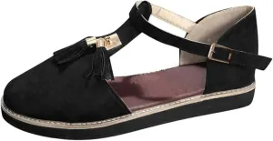 oiangi Fringed Sandals for Women Casual Summer Round Toe Closed Toe Buckle Tassel Flats Solid Comfortable Ladies Outdoor Non-Slip Shoes Sandalias
