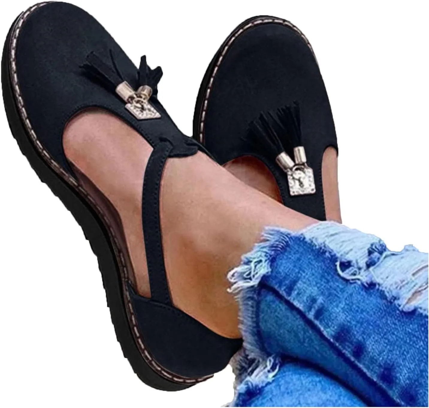 oiangi Fringed Sandals for Women Casual Summer Round Toe Closed Toe Buckle Tassel Flats Solid Comfortable Ladies Outdoor Non-Slip Shoes Sandalias