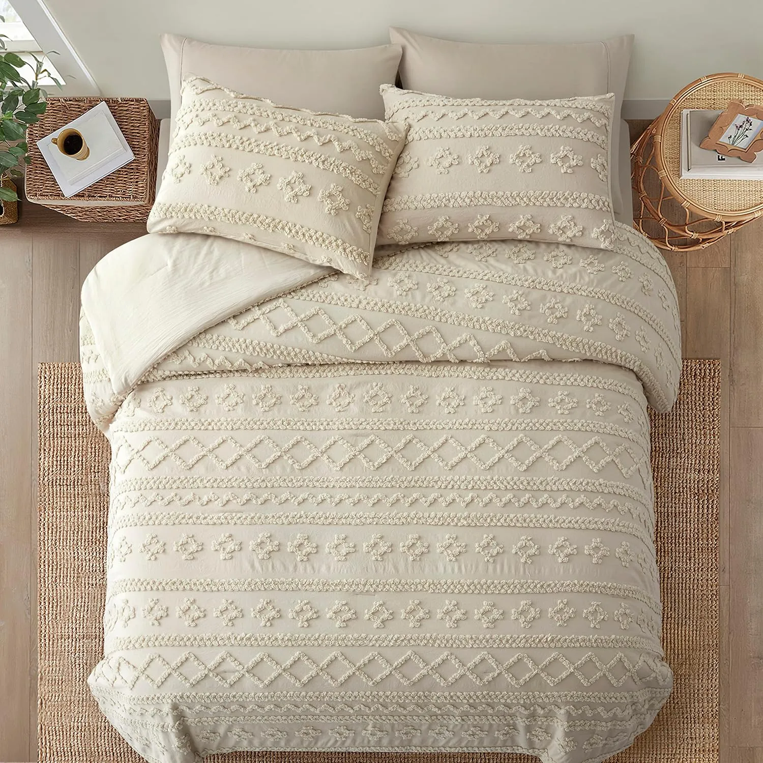 Oli Anderson Beige King Comforter Set Tufted Geometry Bedding Set King 3 Pieces, Boho Shabby Chic Comforter with 2 Pillowcases
