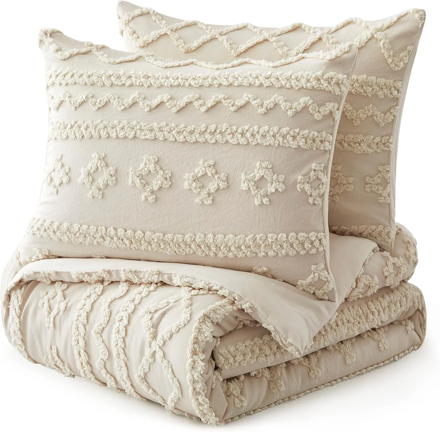 Oli Anderson Beige King Comforter Set Tufted Geometry Bedding Set King 3 Pieces, Boho Shabby Chic Comforter with 2 Pillowcases