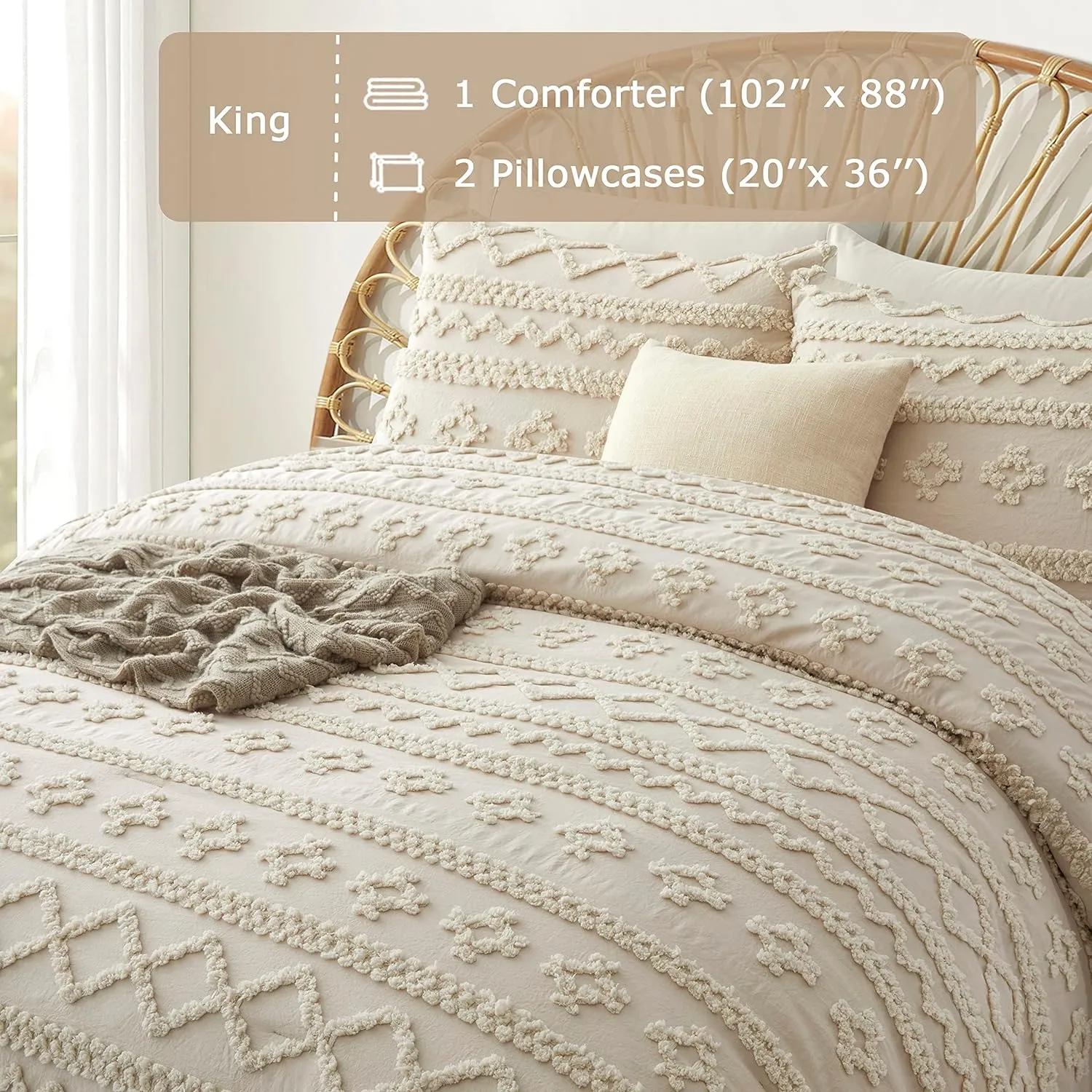 Oli Anderson Beige King Comforter Set Tufted Geometry Bedding Set King 3 Pieces, Boho Shabby Chic Comforter with 2 Pillowcases