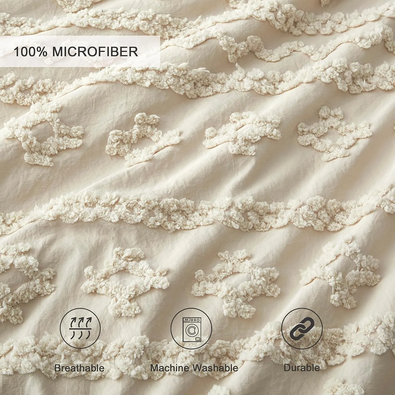 Oli Anderson Beige King Comforter Set Tufted Geometry Bedding Set King 3 Pieces, Boho Shabby Chic Comforter with 2 Pillowcases